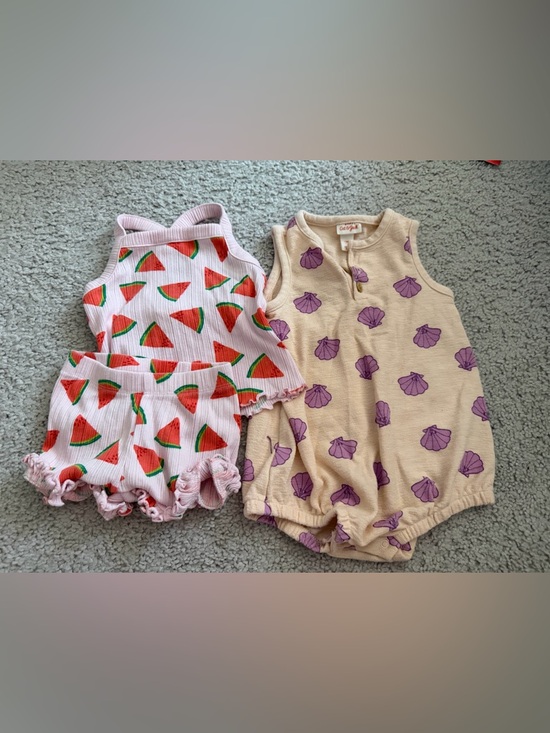 Cat & Jack Other - Cat & Jack 12M Summer Outfit Bundle Watermelon Set & Seashell Romper